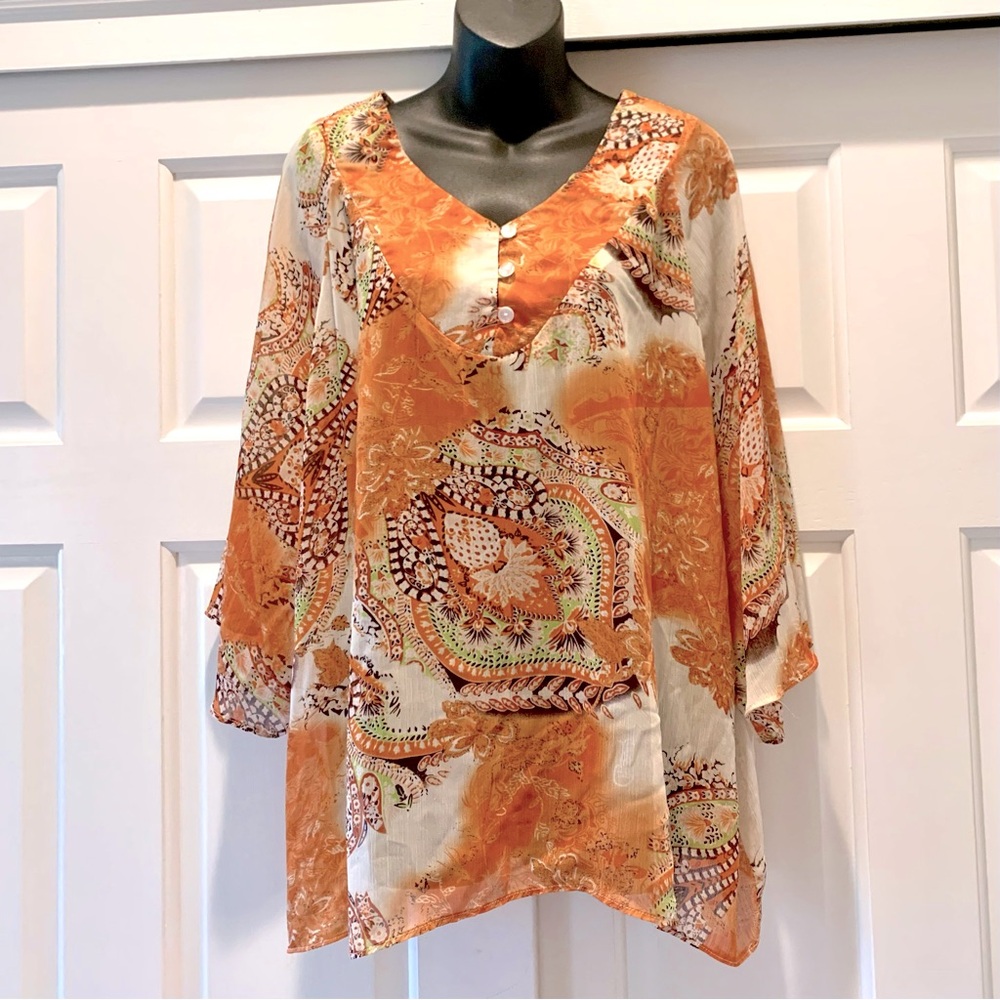 NorthStyle Orange and Cream Paisley sheer 3/4 sleeve Tunic top, plus size 2X